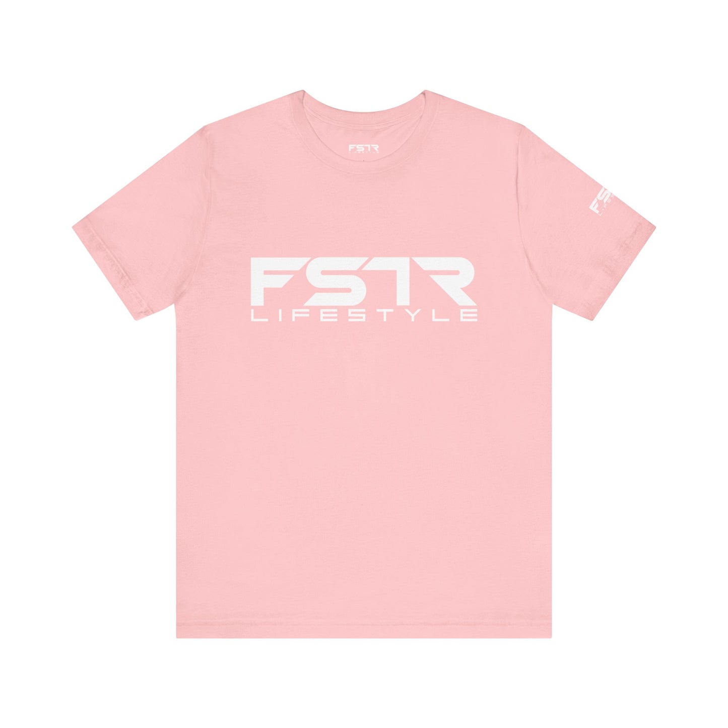 Pink t-shirt with 'FSTR Lifestyle' logo on a white background