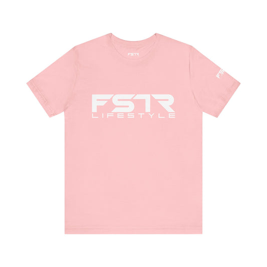 Pink t-shirt with 'FSTR Lifestyle' logo on a white background